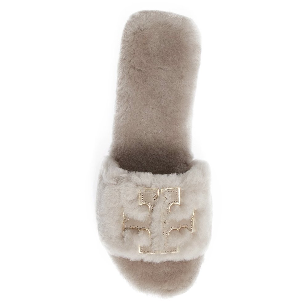 NIB Tory Burch Double T Shearling Slide Sandal GRAY HERON 6.5 7 7.5 8 AUTHENTIC - Picture 2 of 16
